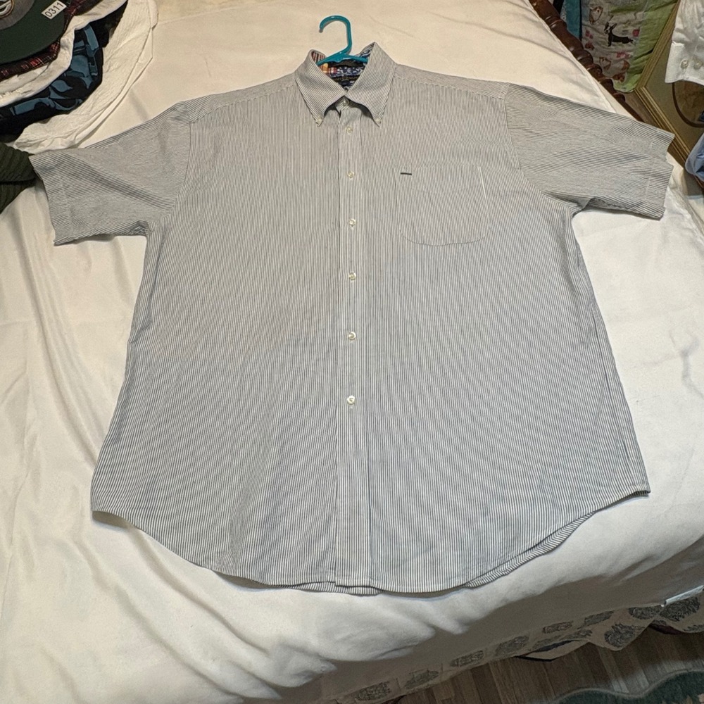 Tommy Hilfiger Mens Large Blue White Striped Short Sleeve Button Down Shirt